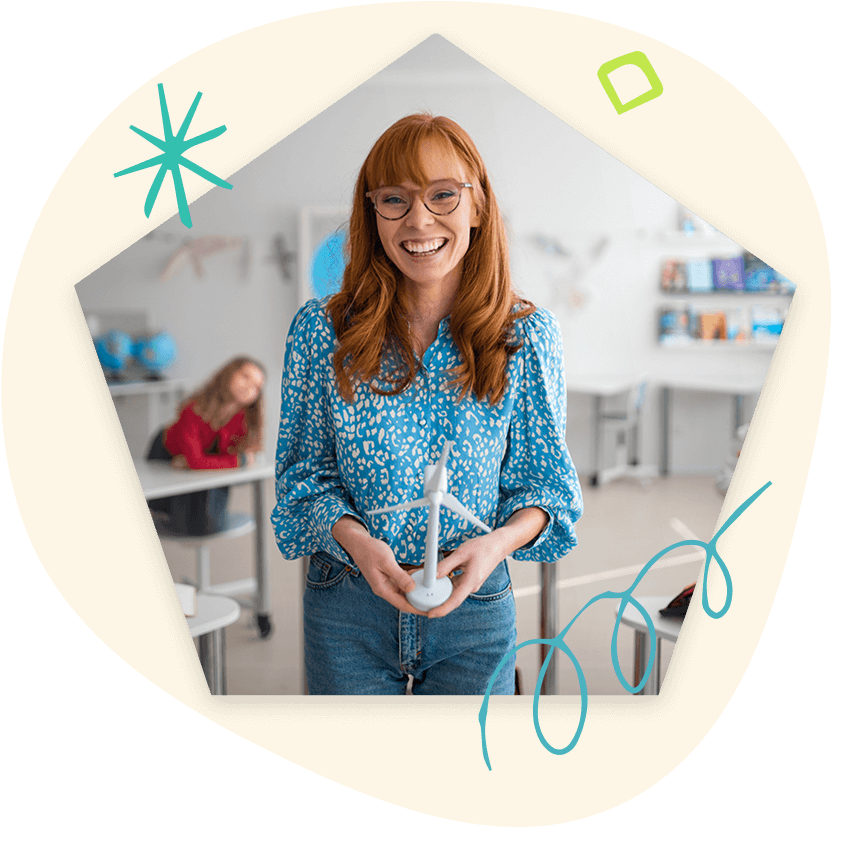 Smiling educator holding a classroom model, inviting professionals to explore open positions and join a school-based provider network.